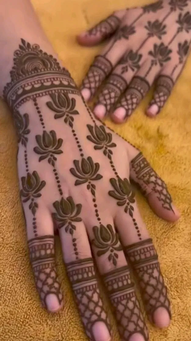 Bridal Indian Full Hand Mehndi Design with Lotus for Teej