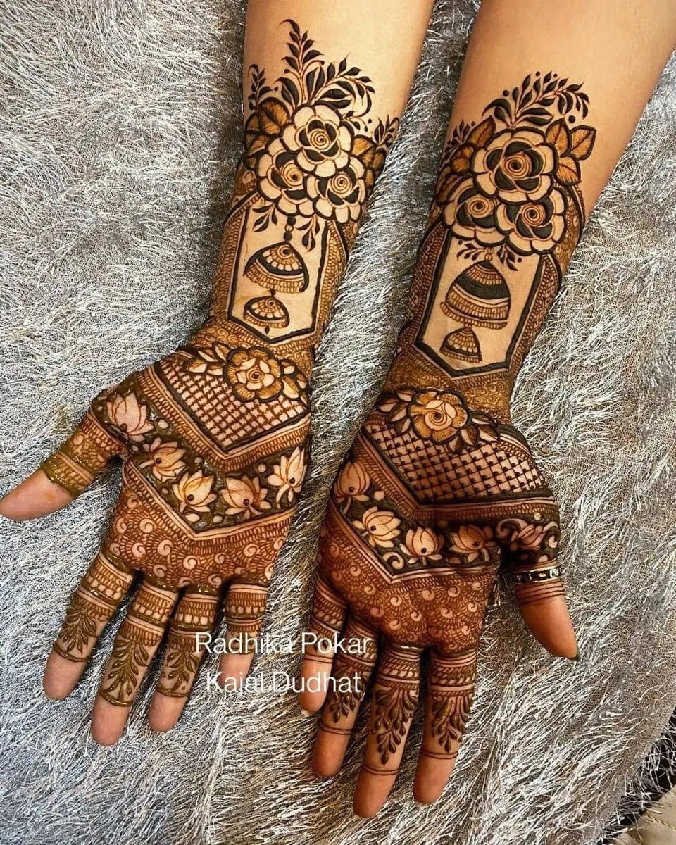 Bridal Royal Back Hand Mehndi Design with Figures and Flowers