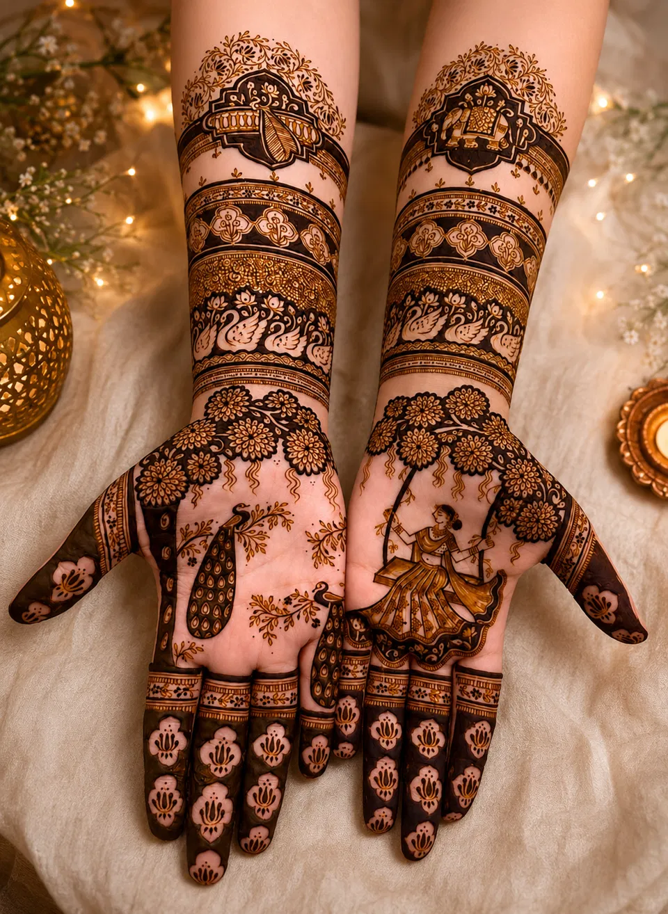Royal Stylish Front Hand Mehndi Design with Figures for Teej