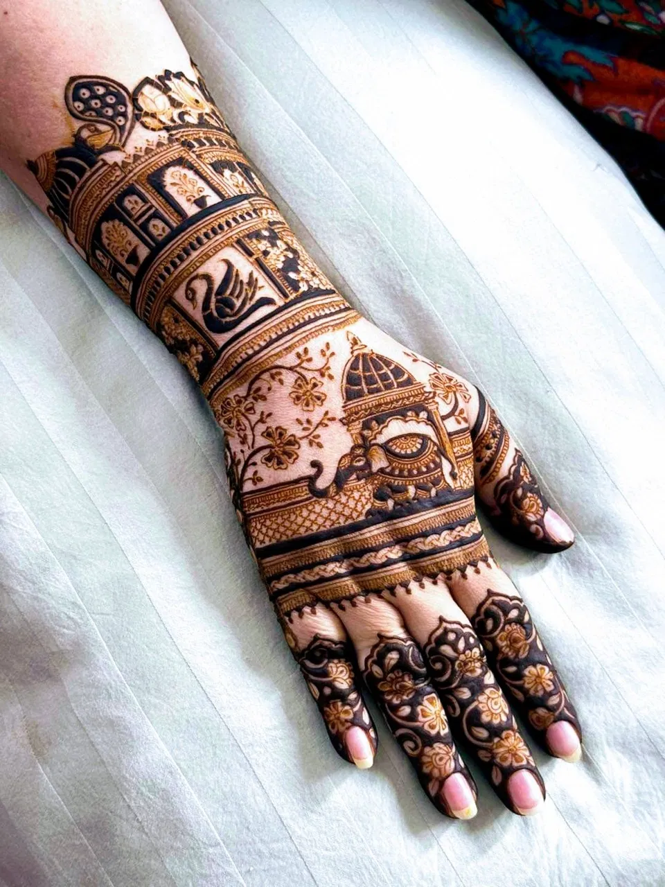 Bridal Indian Arm Mehndi Design with Figures for Teej