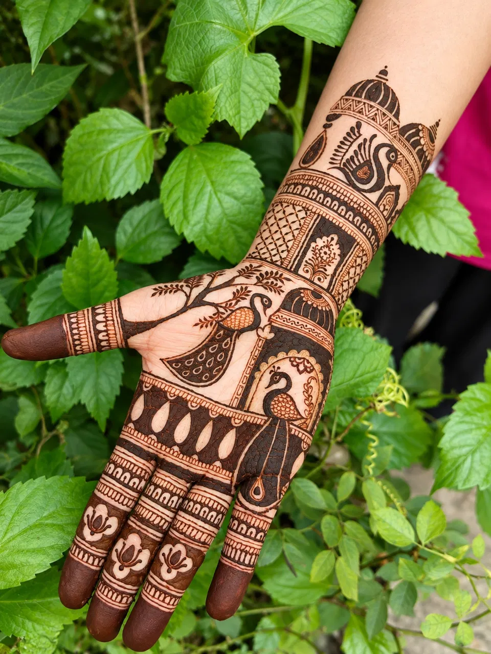 Royal Front Hand Mehndi Design with Gol Tikki and Peacock for Teej