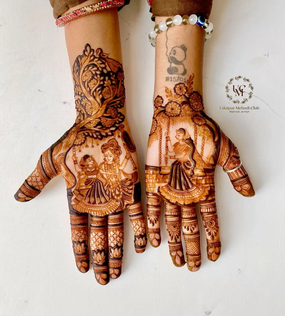 Royal Stylish Front Hand Mehndi Design with Figures for Teej (2)