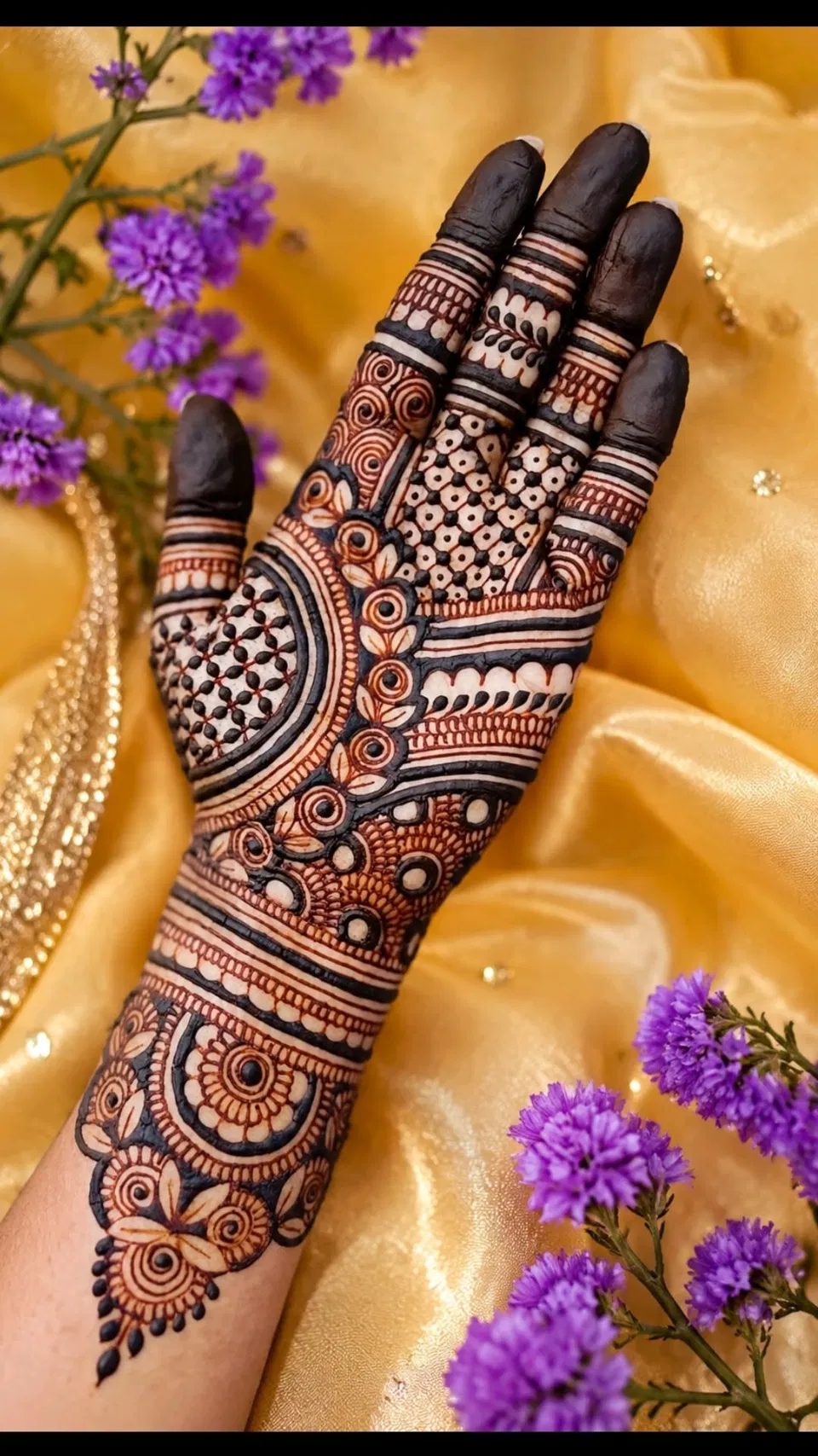 Bridal Indian Back Hand Mehndi Design with Gol Tikki and Flowers for Teej (7)