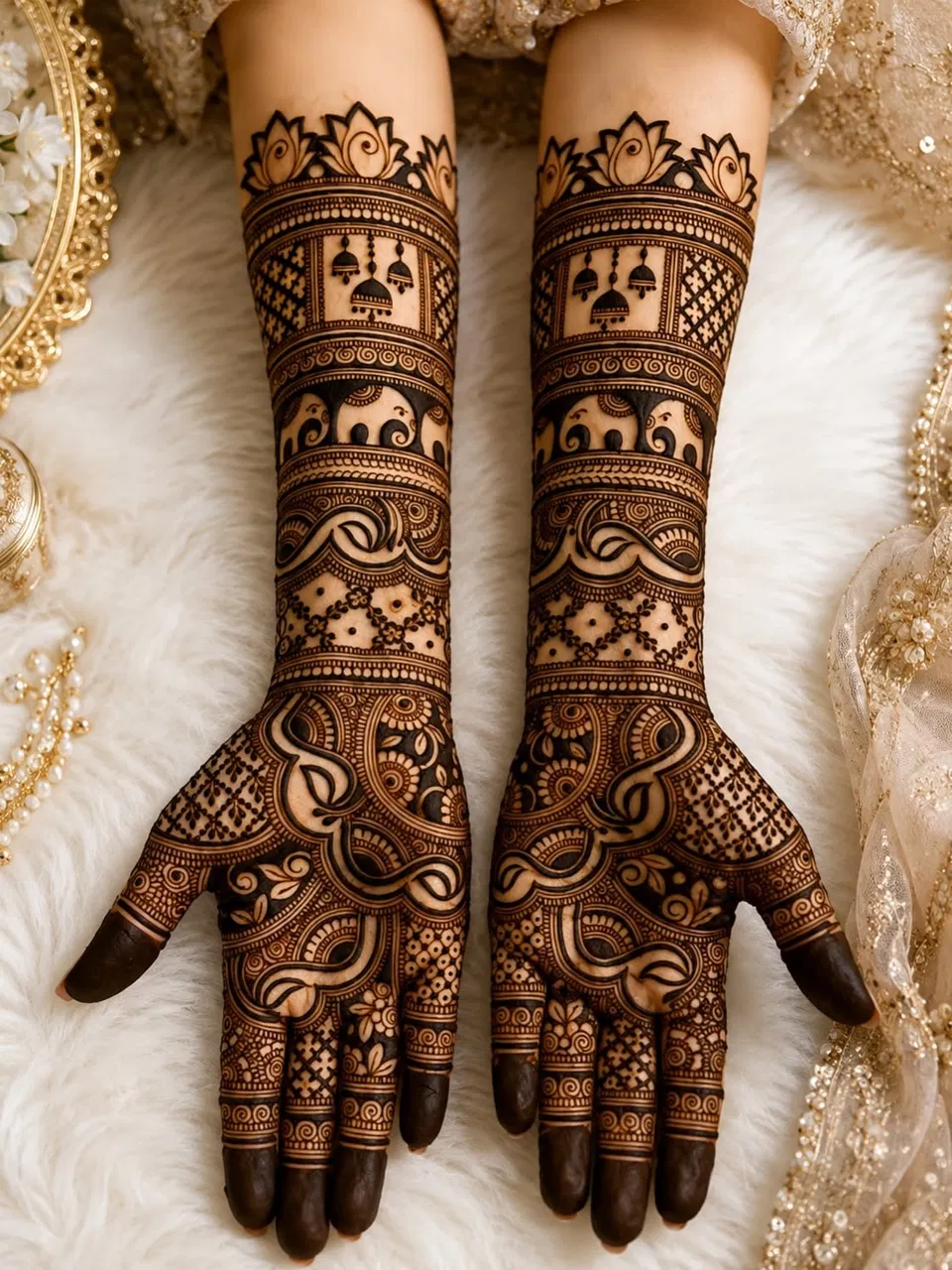 Bridal Indian Full Hand Mehndi Design with Figures and Peacock for Karwa Chauth (7)