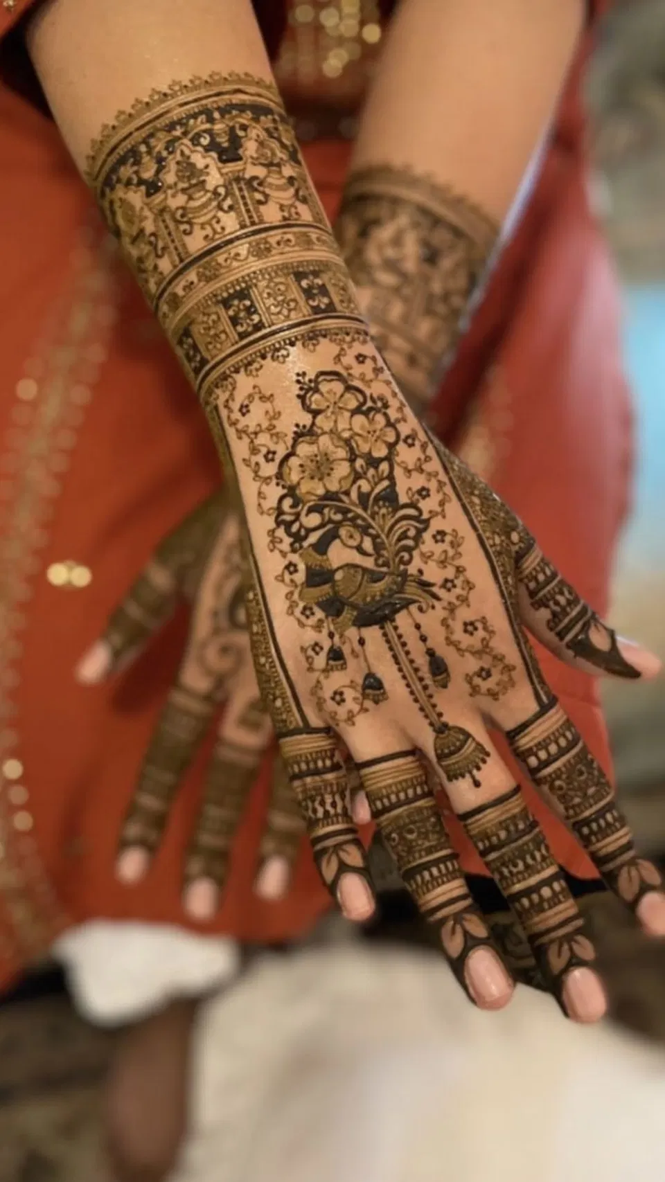 Bridal Royal Arm Mehndi Design with Deity and Peacock