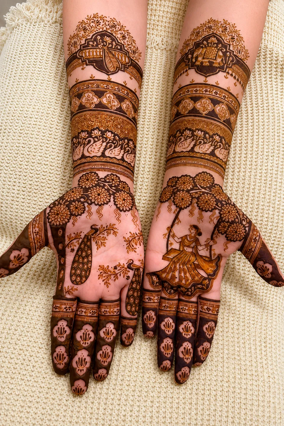Bridal Royal Front Hand Mehndi Design with Figures and Lotus