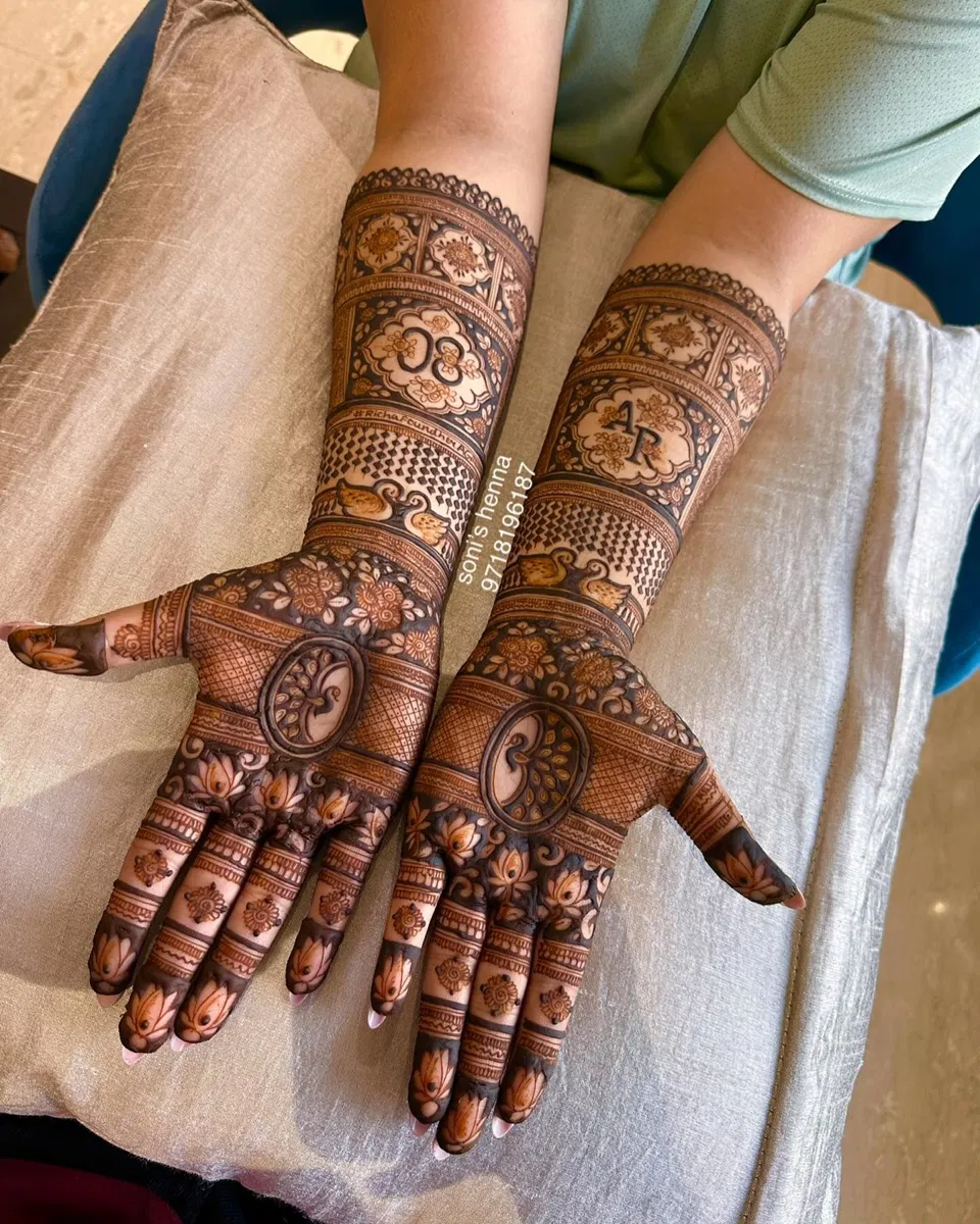Bridal Royal Back Hand Mehndi Design with Figures for Engagement