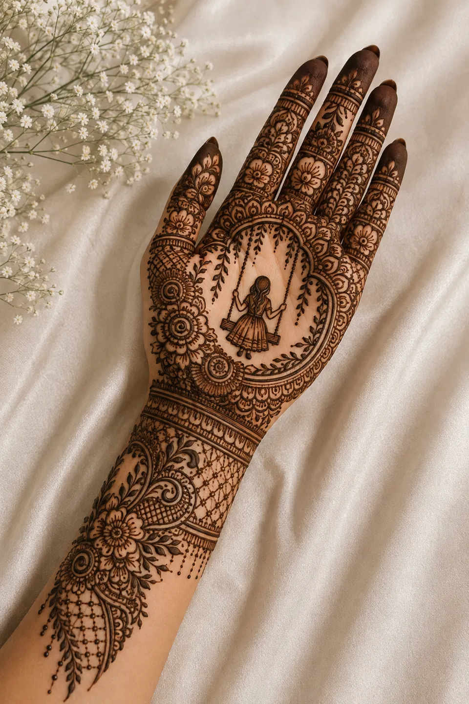 Royal Front Hand Mehndi Design with Gol Tikki and Figures