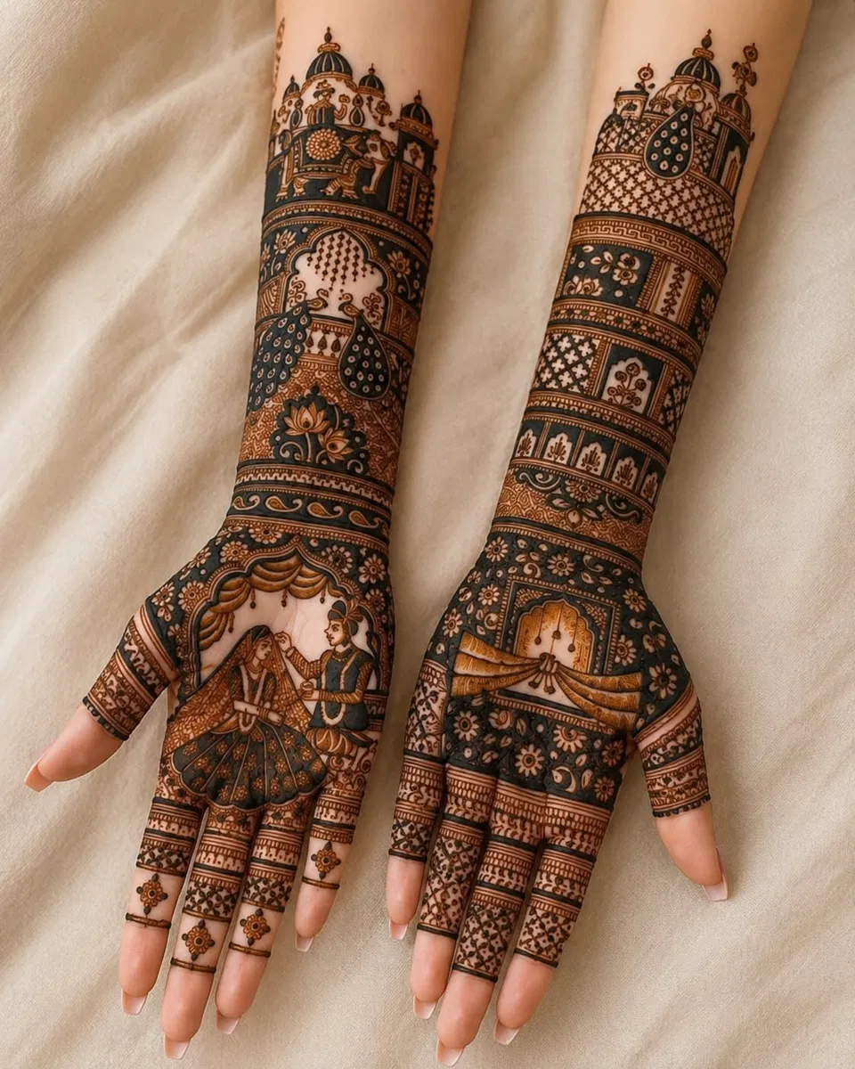 Bridal Indian Full Hand Mehndi Design with Figures for Teej (2)