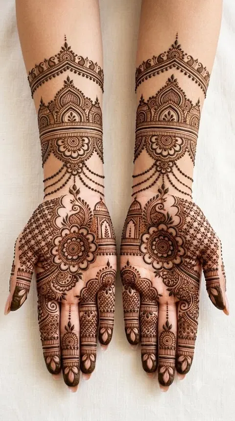 bridal indian deity front hand mehndi design