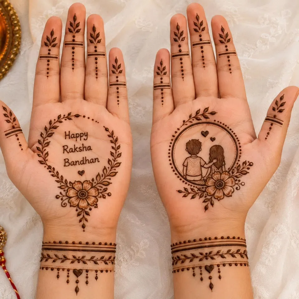 Simple Finger Mehndi Design with Gol Tikki and Figures for Raksha Bandhan
