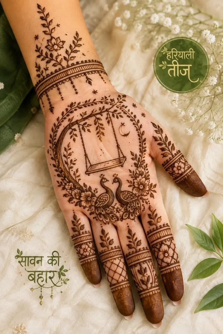 Bridal Simple Front Hand Mehndi Design with Gol Tikki, Flowers and Peacock for Sawan