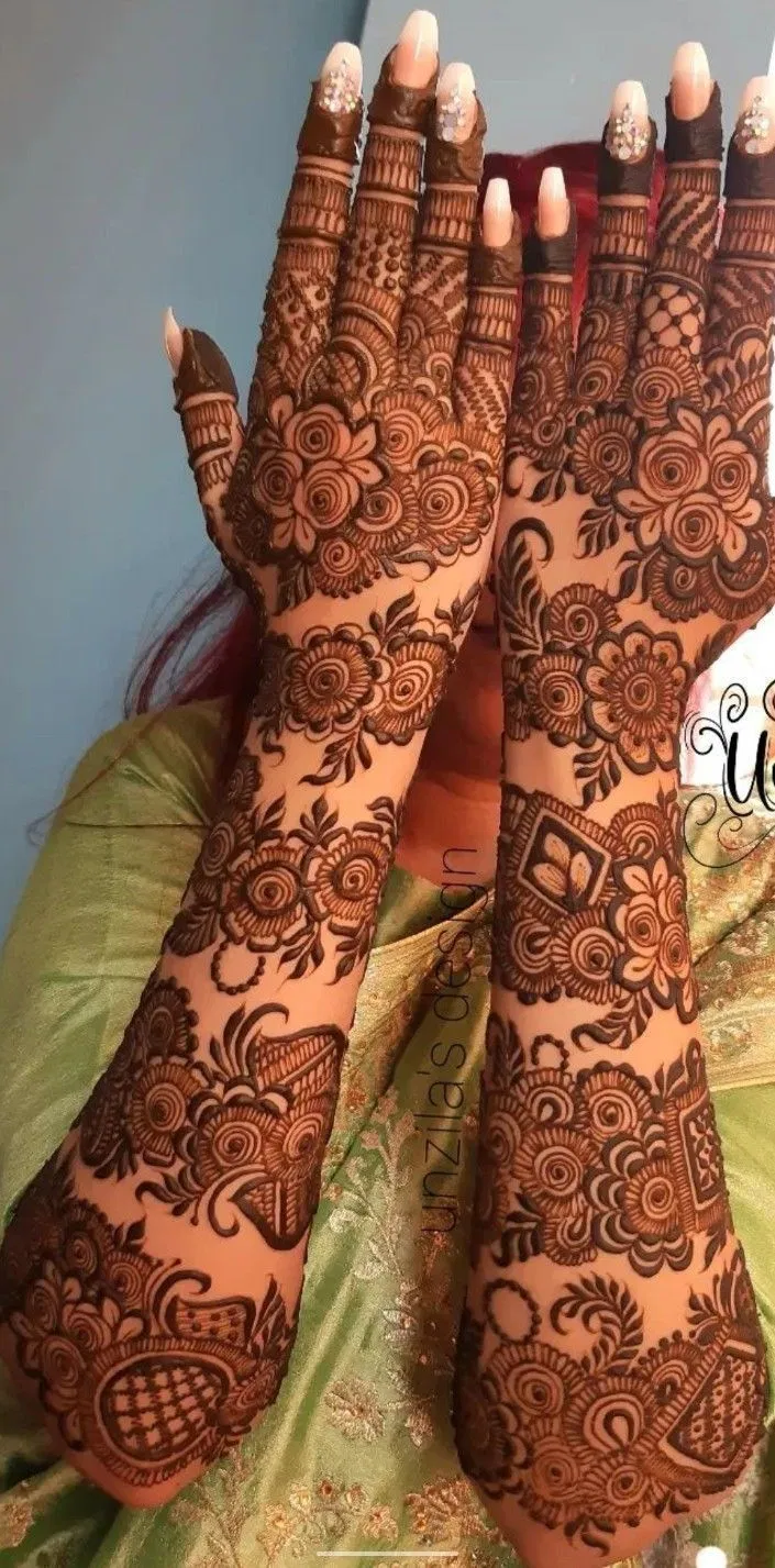 Arabic Bridal Back Hand Mehndi Design with Figures for Eid