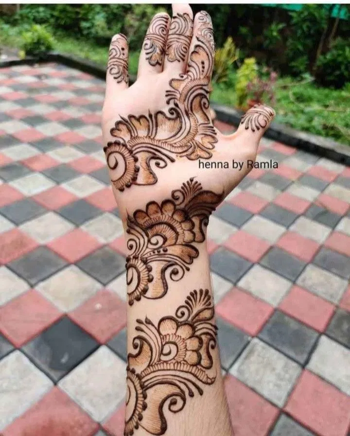 Front Hand Mehndi Design with Bel and Flowers