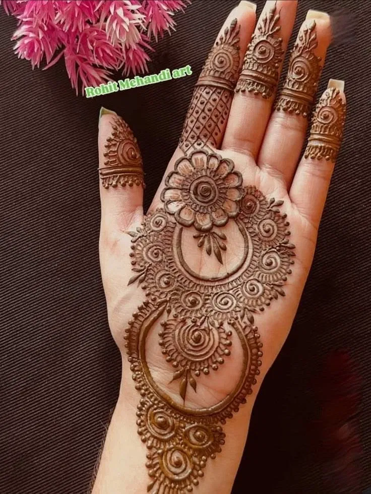 Aesthetic Indian Front Hand Mehndi Design with Gol Tikki and Flowers