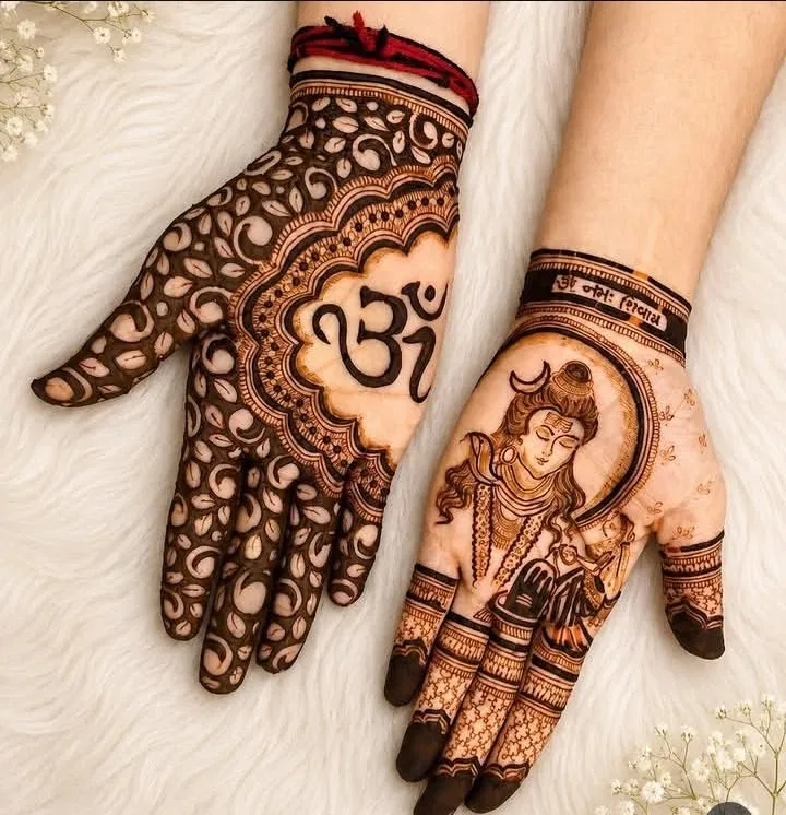 Front Hand Mehndi Design with Deity and Figures for Shivratri
