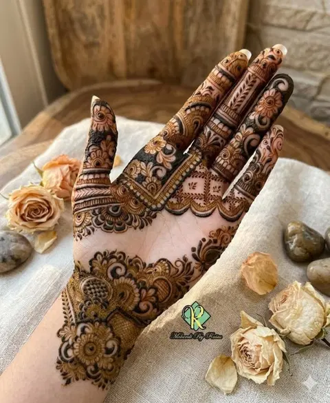 aesthetic bridal flower front hand mehndi design
