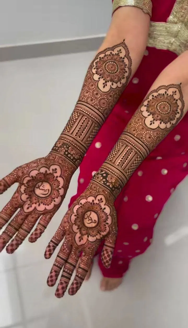 Aesthetic Bridal Front Hand Mehndi Design with Figures and Hidden Name