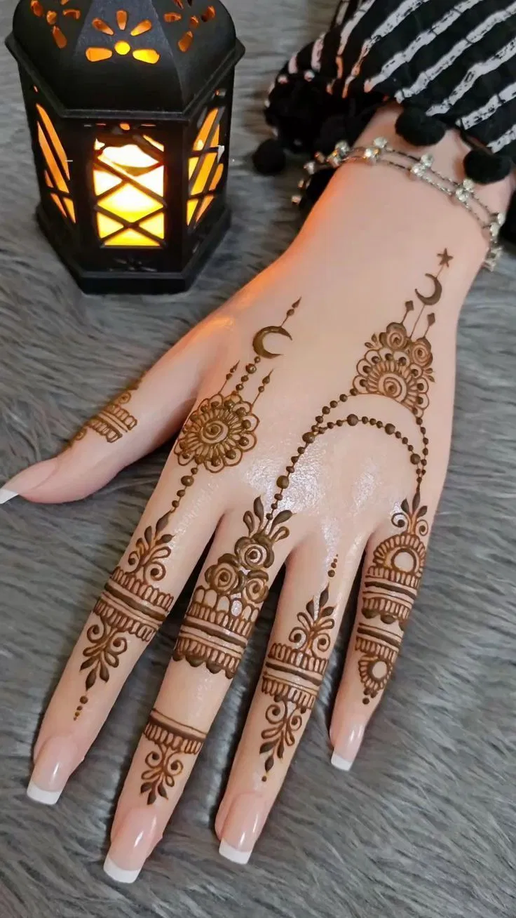 Arabic Simple Back Hand Mehndi Design with Moon for Eid