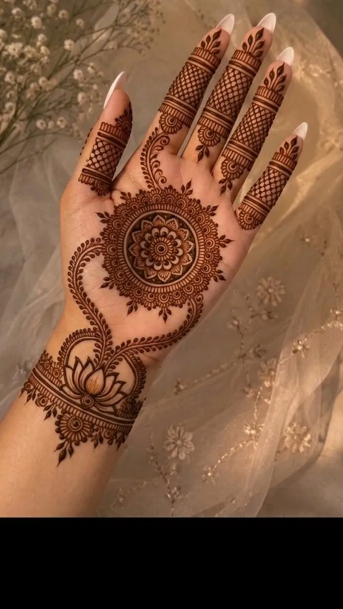 Aesthetic Front Hand Mehndi Design with Gol Tikki, Flowers and Lotus