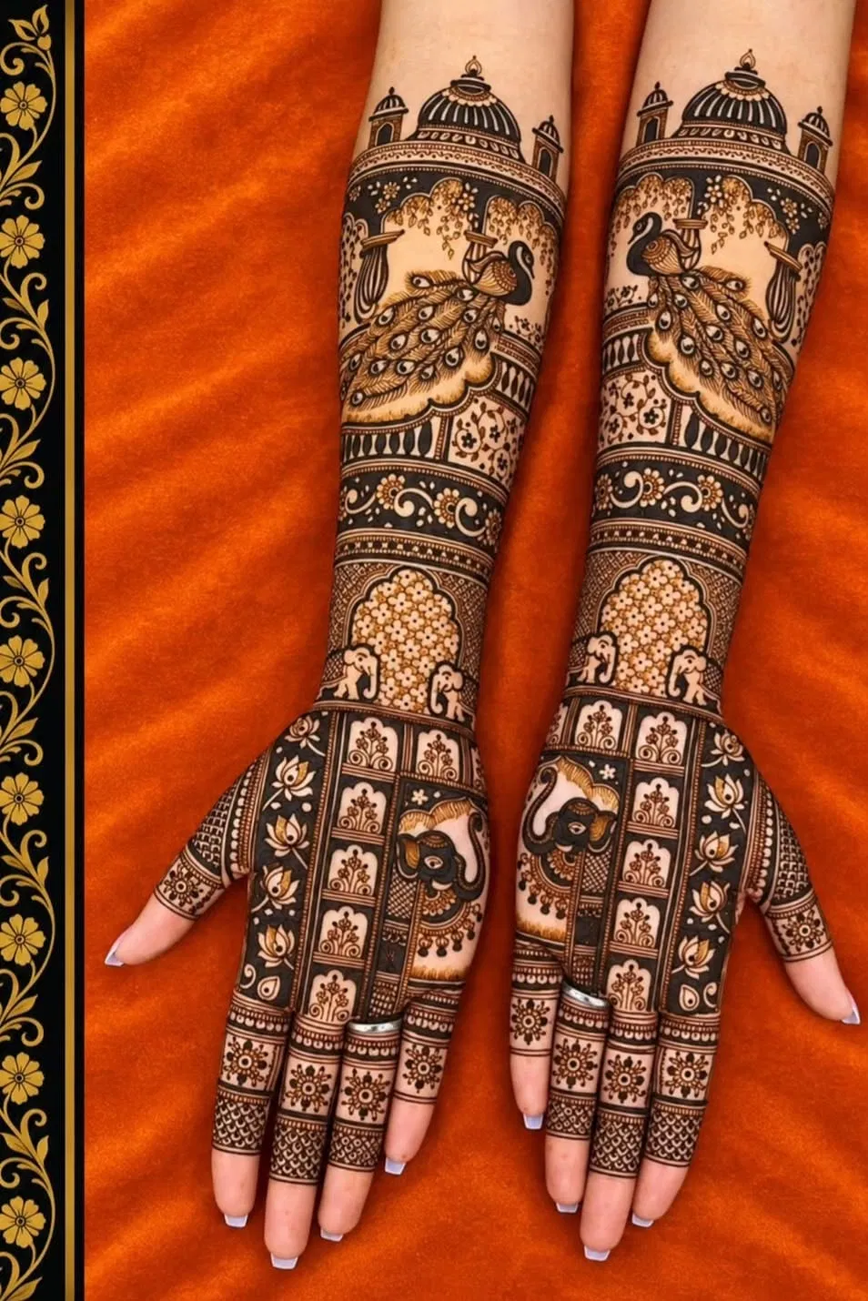 Bridal Full Hand Mehndi Design with Gol Tikki and Figures for Karwa Chauth