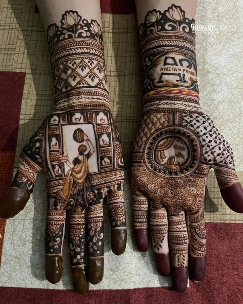 Stylish Back Hand Mehndi Design with Figures for Karwa Chauth