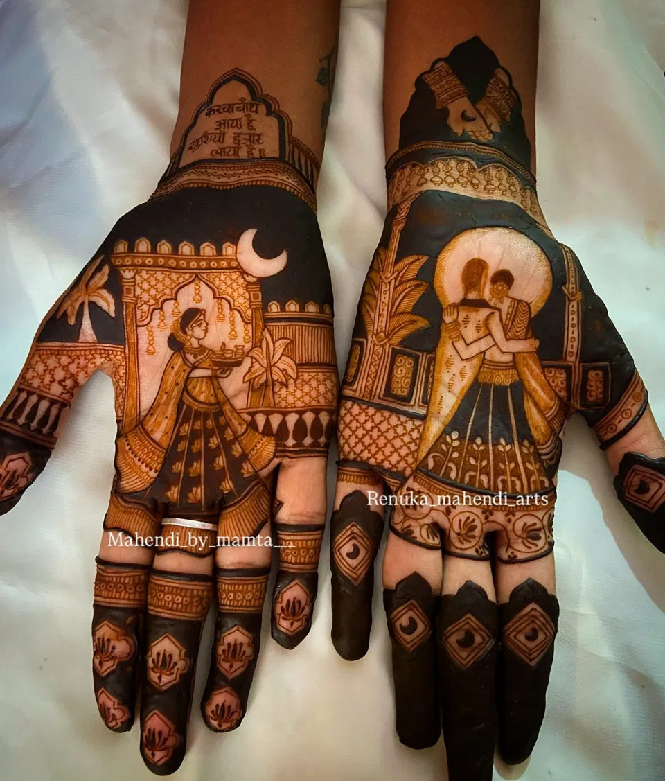 Bridal Indian Back Hand Mehndi Design with Figures and Moon for Karwa Chauth (2)