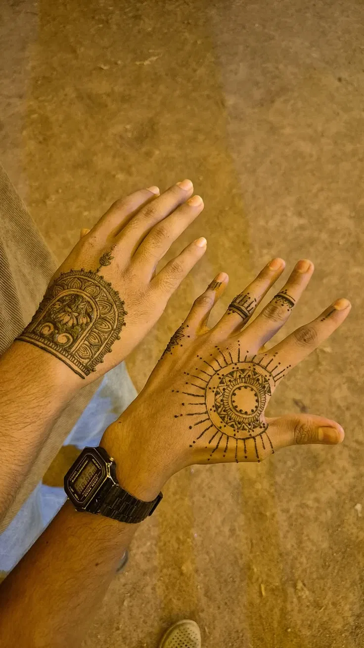 Minimal Simple Back Hand Mehndi Design with Gol Tikki and Moon (3)