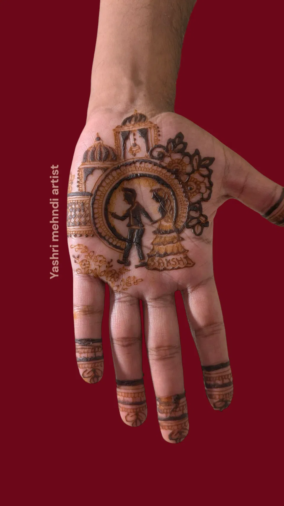 Bridal Indian Front Hand Mehndi Design with Gol Tikki, Deity and Figures (4)