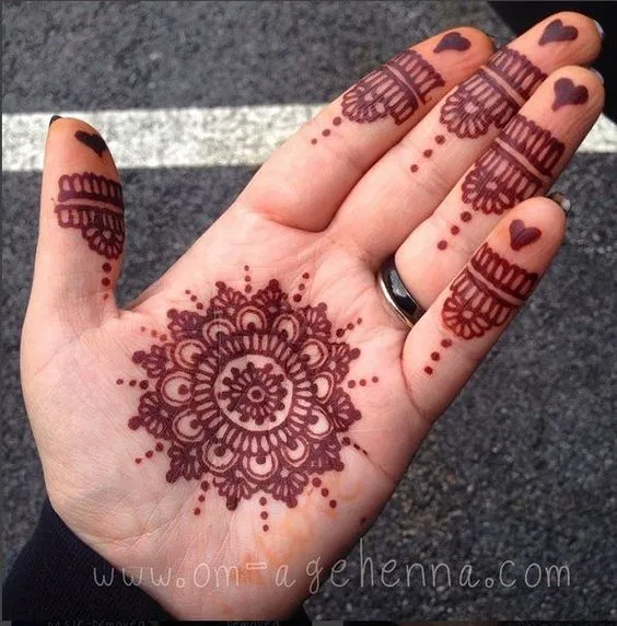 Simple Front Hand Mehndi Design with Gol Tikki, Deity and Hearts