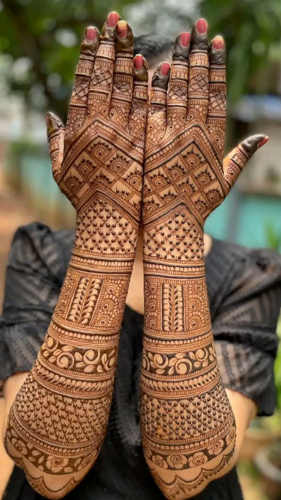 Aesthetic Bridal Back Hand Mehndi Design with Figures and Jaal for Engagement