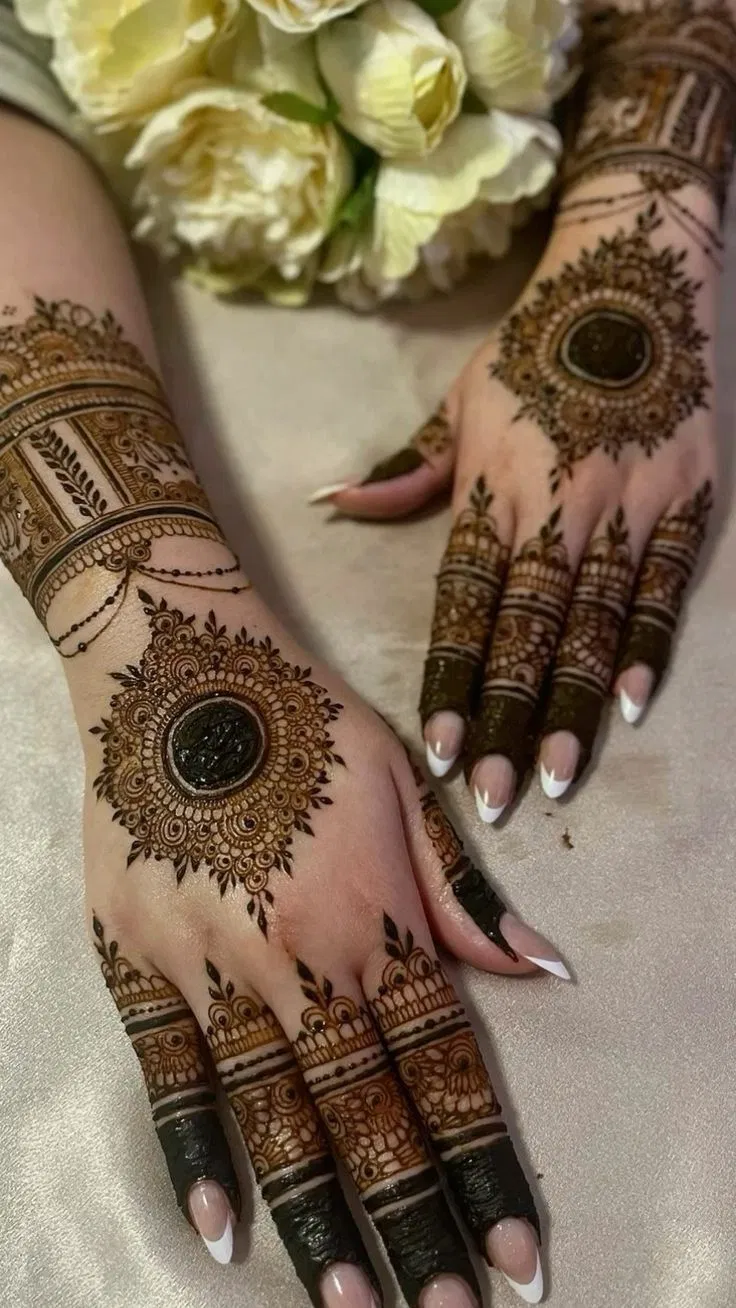 Bridal Pakistani Back Hand Mehndi Design with Gol Tikki, Flowers and Jaal for Eid