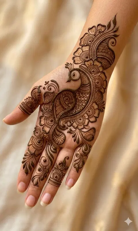 aesthetic arabic peacock front hand mehndi design