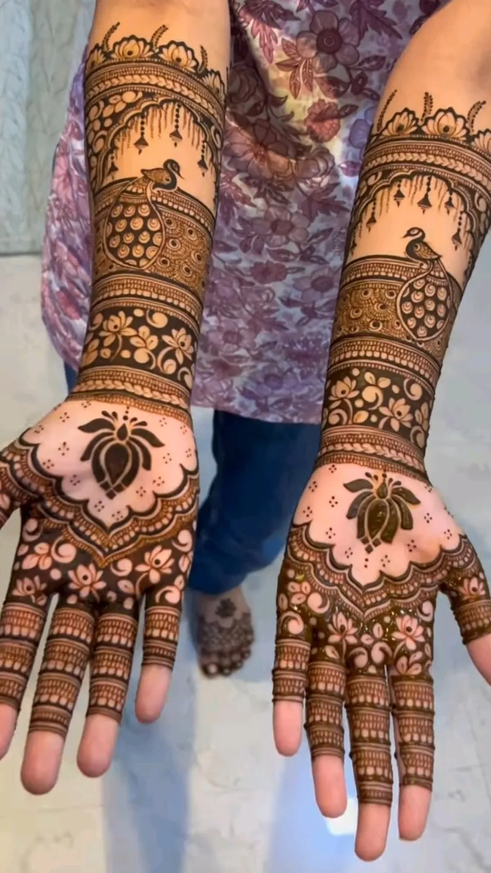Aesthetic Bridal Front Hand Mehndi Design with Figures, Lotus and Peacock for Engagement