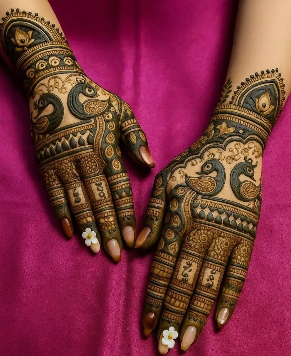 Bridal Indian Front Hand Mehndi Design with Peacock for Engagement (3)