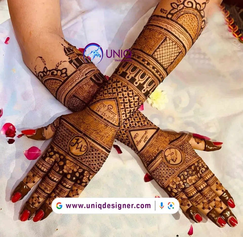 Bridal Stylish Back Hand Mehndi Design with Gol Tikki, Deity and Figures (3)