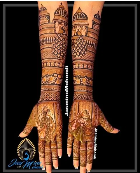 bridal stylish deity back hand mehndi design