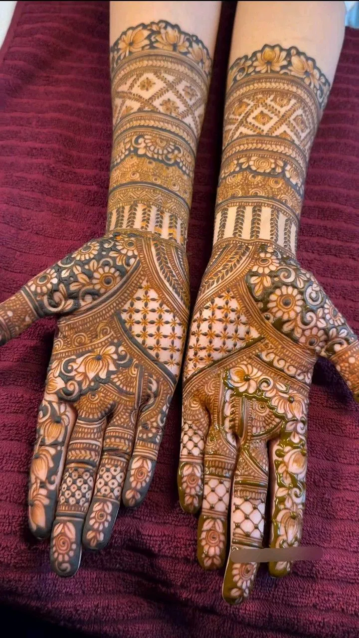 Bridal Indian Arm Mehndi Design with Deity and Figures for Engagement