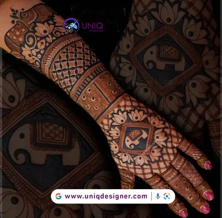 Bridal Stylish Back Hand Mehndi Design with Deity and Figures for Teej