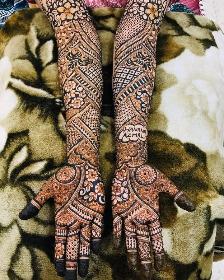 Bridal Back Hand Mehndi Design with Deity, Figures and Hearts (3)