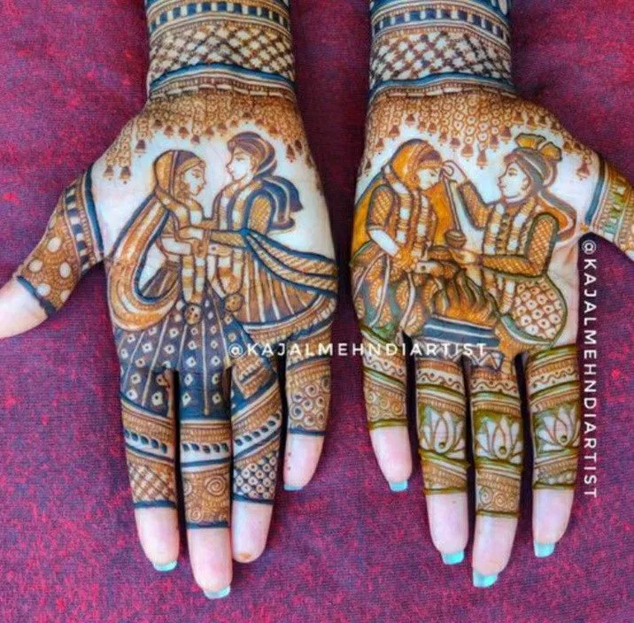 Bridal Indian Back Hand Mehndi Design with Deity and Figures for Engagement (8)