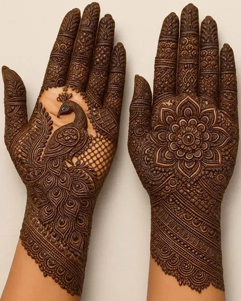 indian stylish peacock front hand mehndi design