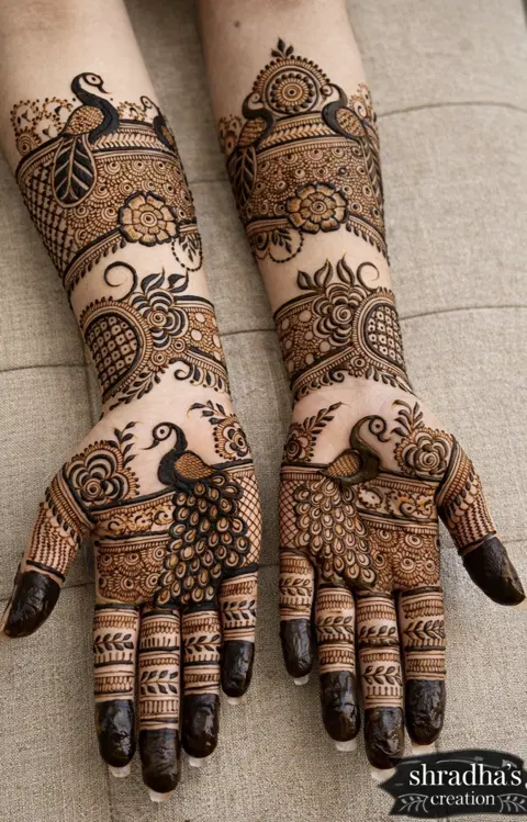 arabic indian peacock front hand mehndi design