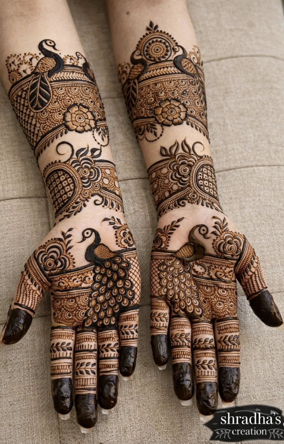 Arabic Indian Front Hand Mehndi Design with Peacock for Engagement