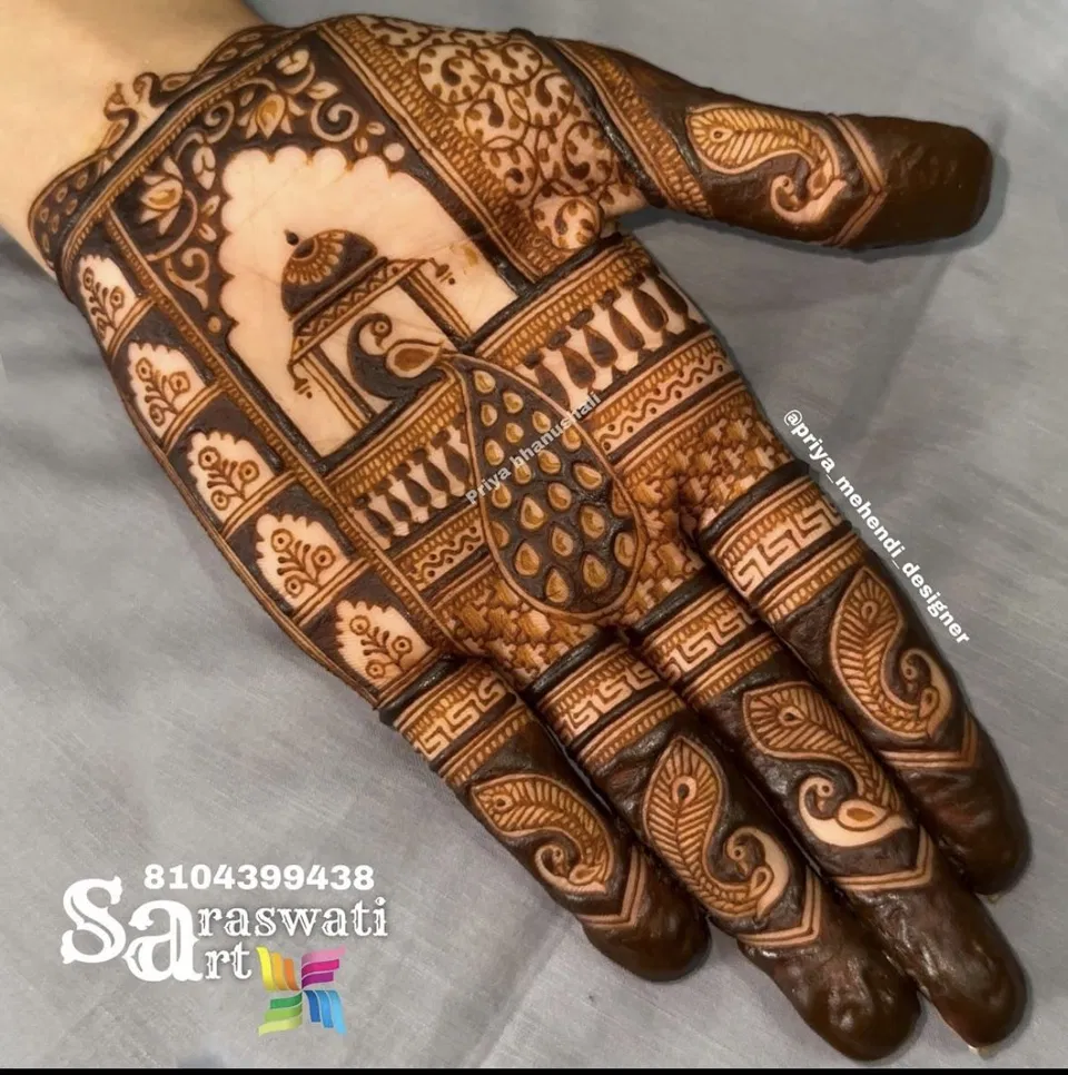 Arabic Indian Front Hand Mehndi Design with Figures and Hearts