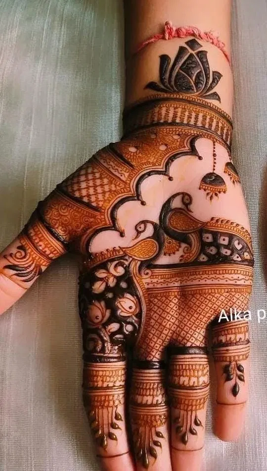 Indian Back Hand Mehndi Design with Deity and Figures