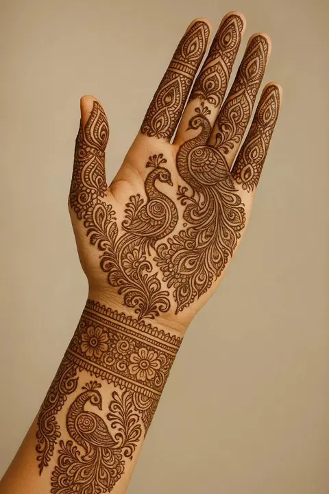 indian simple peacock back hand mehndi design