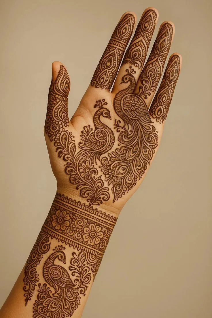 Indian Simple Back Hand Mehndi Design with Peacock (2)