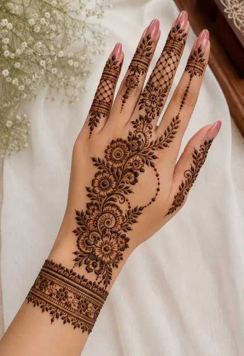 bridal royal circle back hand mehndi design