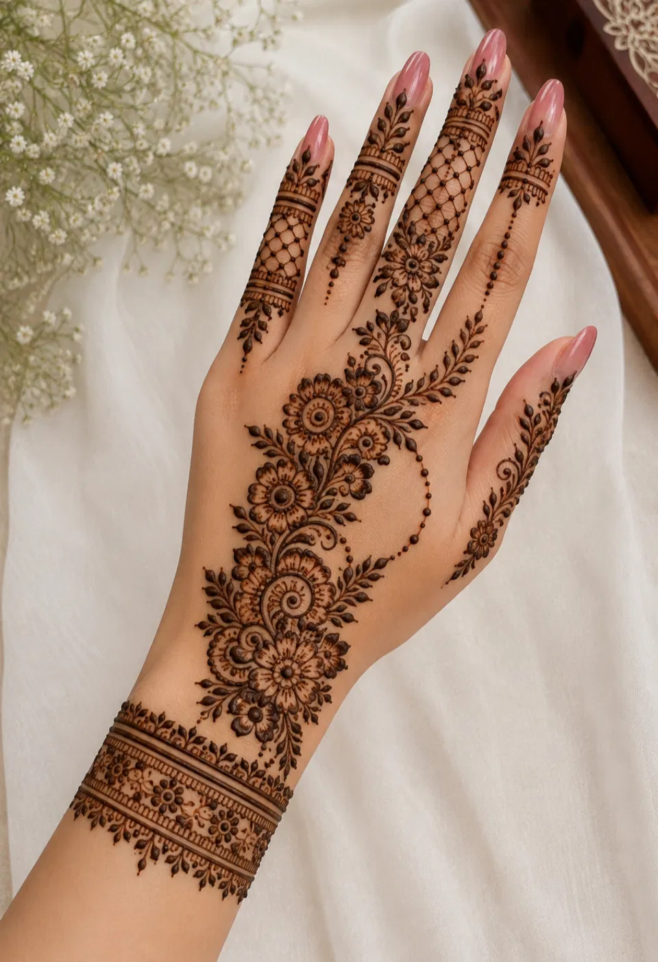 Bridal Royal Back Hand Mehndi Design with Gol Tikki and Flowers